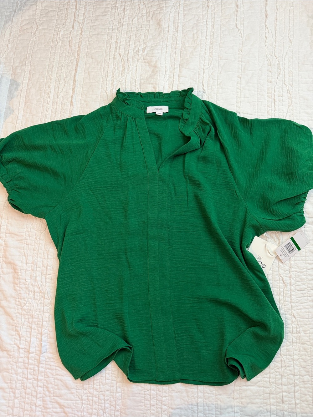 CeCe Emerald Green Ruffle-Trim Short Sleeve Blouse - Picture 1 of 4